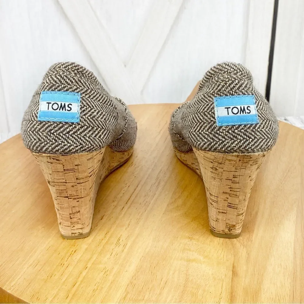 Toms Wedge Heels Herringbone Tweed Peep Toe Cork‎ Brown Tan Size 8